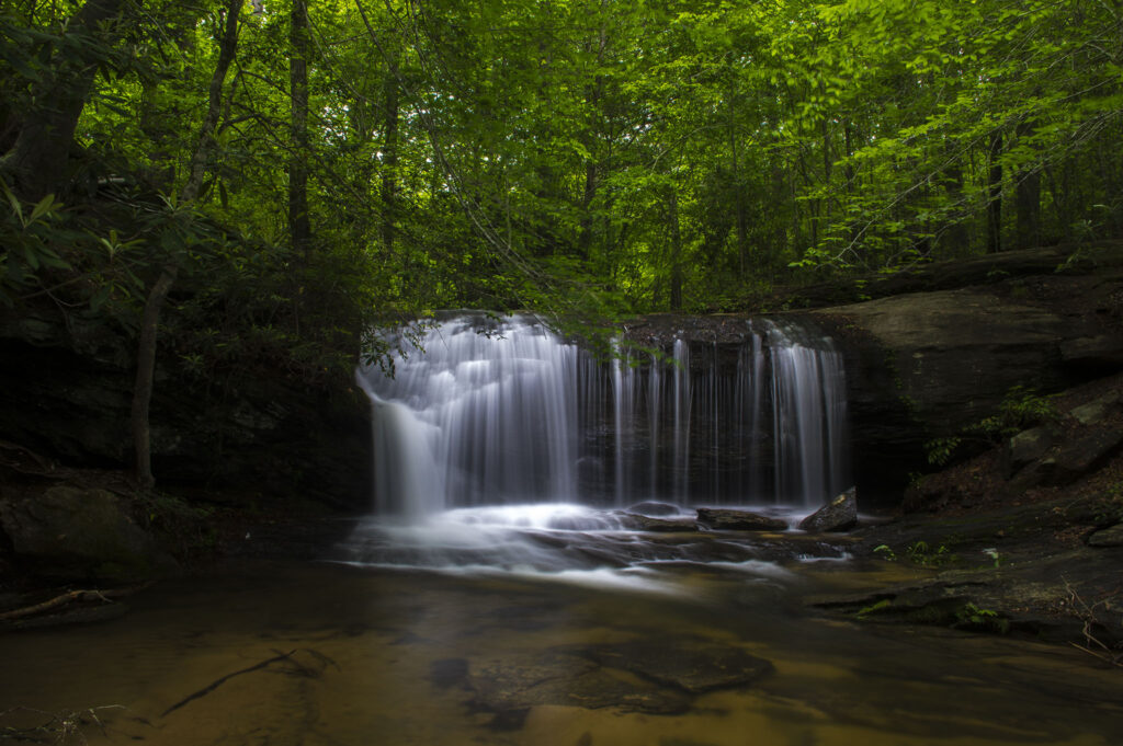 Wildcat Branch Falls surrounded by lush green forest in Cleveland, South Carolina.