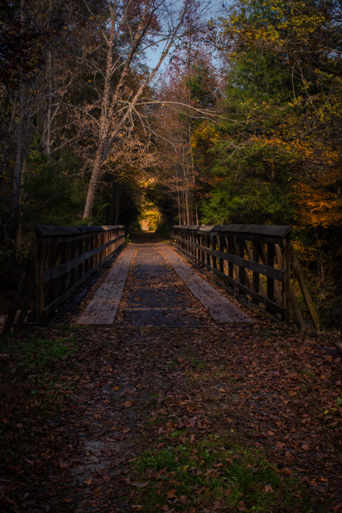 Wooden trestle bridge on the Peak to Prosperity Trail in the South Carolina Midlands, lit by late-afternoon autumn sunlight.